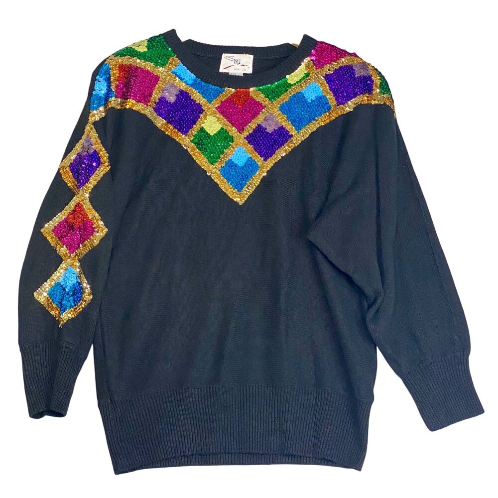 SML Sport Ltd Colorful Sequin Black Sweater Diamond Pattern Shoulder Pads Size L